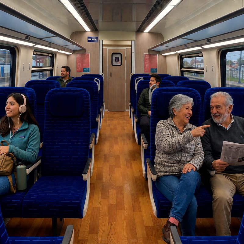 Interior de un moderno vagón de EFE Trenes con pasajeros viajando cómodamente en sus asientos, reflejando las ventajas y beneficios de andar en tren.