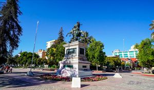 Fotografía diurna y muy soleada de la Plaza de los Héroes en Rancagua. En el centro de una amplia explanada pavimentada destaca un gran monumento ecuestre de bronce sobre un alto pedestal de piedra blanca, rodeado en su base por coloridas flores. En el entorno se aprecian árboles altos, palmeras, algunas personas paseando y edificios de la ciudad en el fondo bajo un cielo azul despejado.