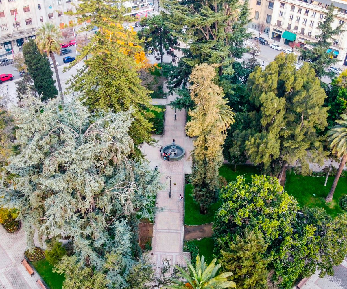 Vista aérea de la Plaza de Armas de Talca, destacando sus senderos peatonales y abundantes árboles verdes. Un destino céntrico y relajante para conocer durante tu viaje en tren EFE desde Estación Central.