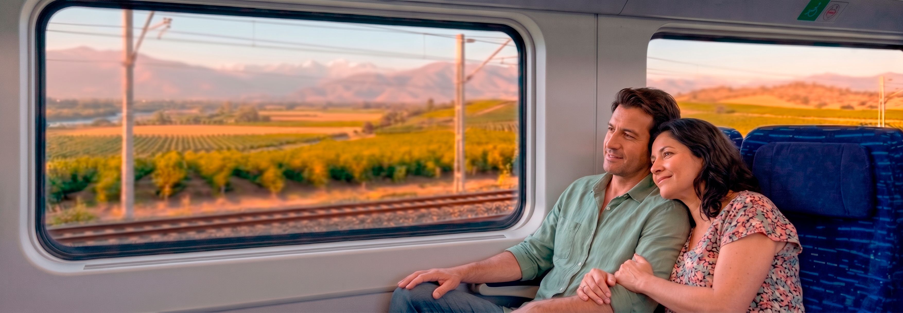 Pareja relajada disfrutando del paisaje a través de la gran ventana durante su viaje en tren de EFE hacia sus destinos favoritos.