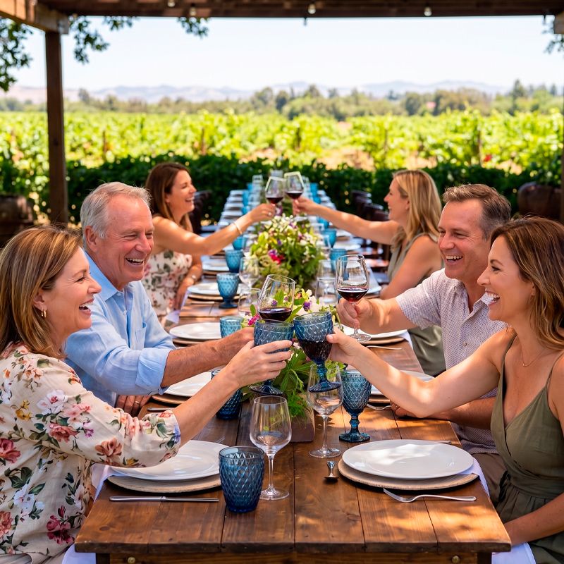Grupo de personas brindando felices en una larga mesa de madera al aire libre, con un soleado viñedo de fondo, disfrutando de la experiencia gastronómica en Casa Acosta, destino de nuestro tren turístico.