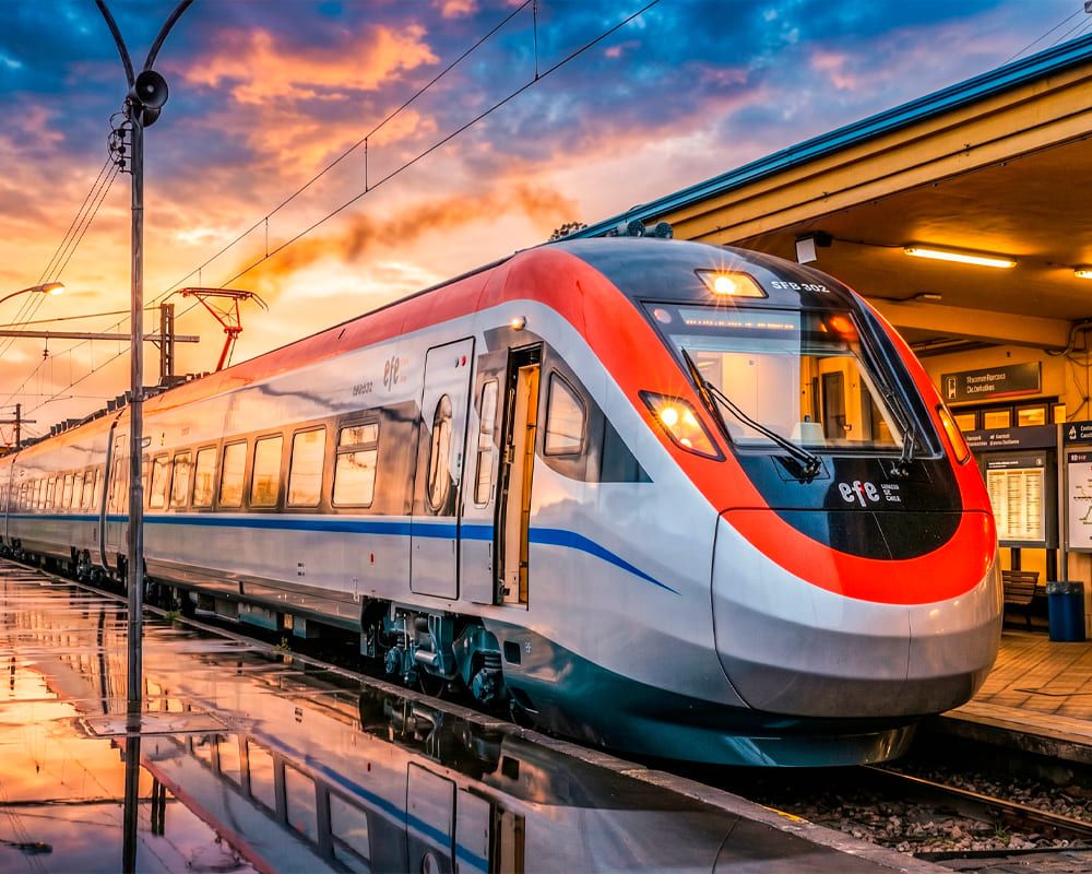 Moderno tren rápido bimodal (BMU) de EFE detenido en una estación bajo un atardecer anaranjado, con su reflejo en el andén, destacando la innovación tecnológica de la nueva flota.