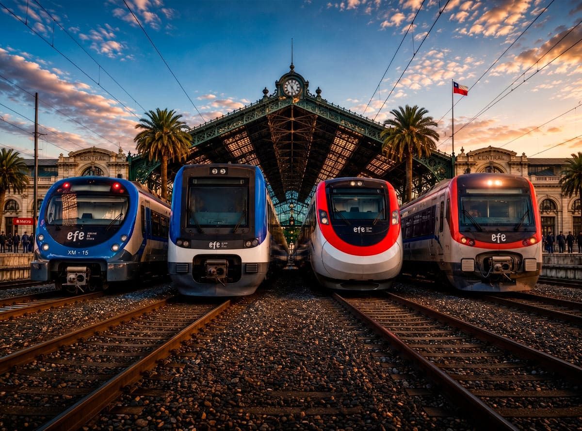 Vista frontal de cuatro modelos diferentes de trenes modernos de EFE alineados en las vías de la Estación Central al atardecer, representando la innovación y diversidad de la flota ferroviaria.