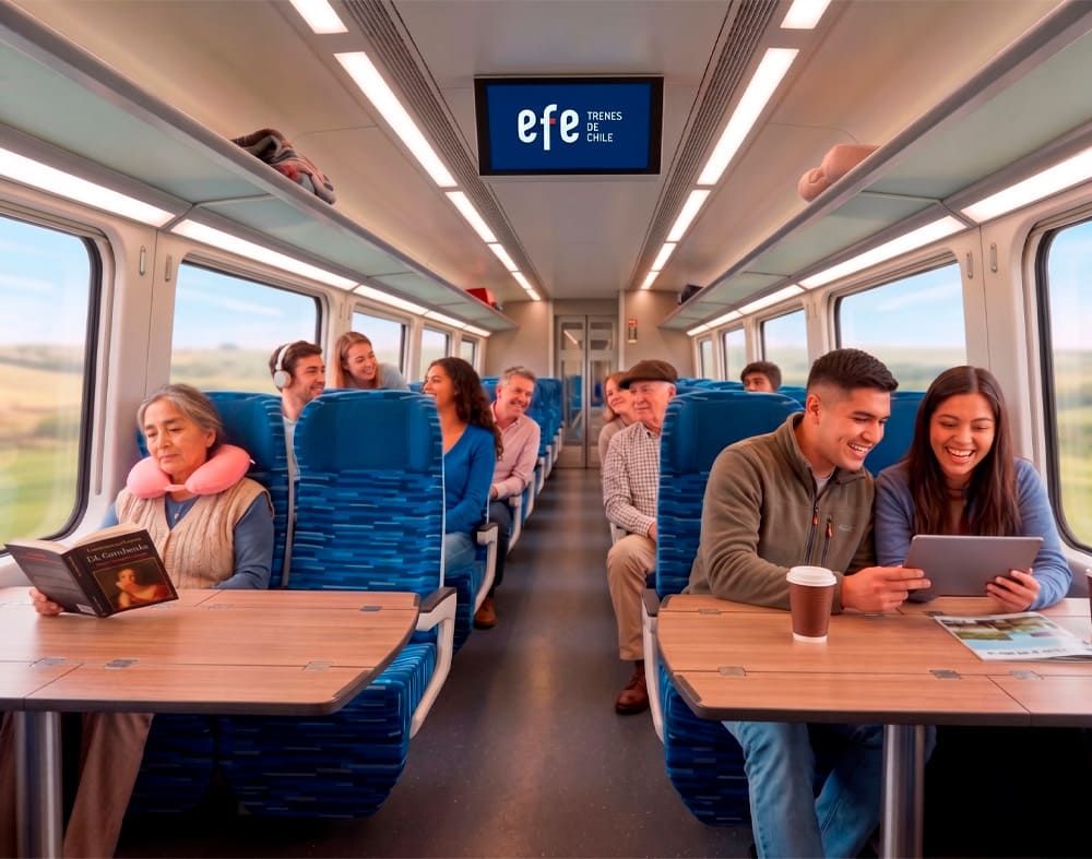 Interior de un vagón moderno de EFE con pasajeros sentados cómodamente en parejas, utilizando mesas amplias para trabajar o conversar, rodeados de un ambiente iluminado y espacioso que destaca el confort de nuestra flota.