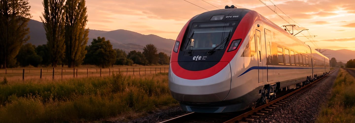 Moderno tren bimodal BMU de EFE realizando el servicio Santiago-Chillán, avanzando por un paisaje rural al atardecer.