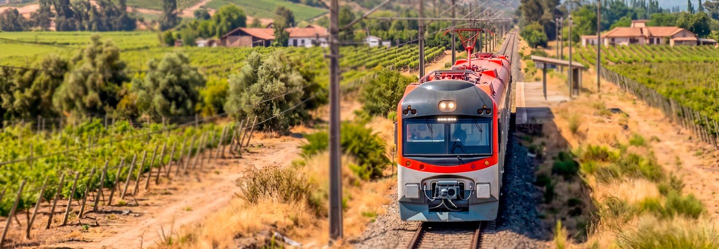Fotografía frontal del tren eléctrico UTS de EFE Trenes de Chile, de color rojo y gris, recorriendo las vías entre hermosos viñedos y campos agrícolas en su ruta desde Santiago hacia Chillán.