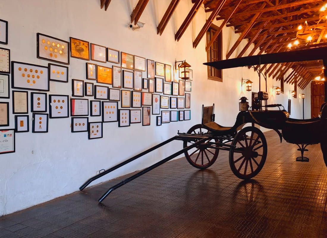Fotografía del interior de un amplio pasillo en una casona tradicional con techo de vigas de madera a la vista. En la pared blanca de la izquierda hay una extensa exhibición de múltiples diplomas y medallas vitivinícolas enmarcadas. En el centro del corredor, sobre un piso de baldosas oscuras, destaca un antiguo carruaje negro de estilo colonial. El espacio está iluminado por faroles clásicos de pared que otorgan una atmósfera cálida.