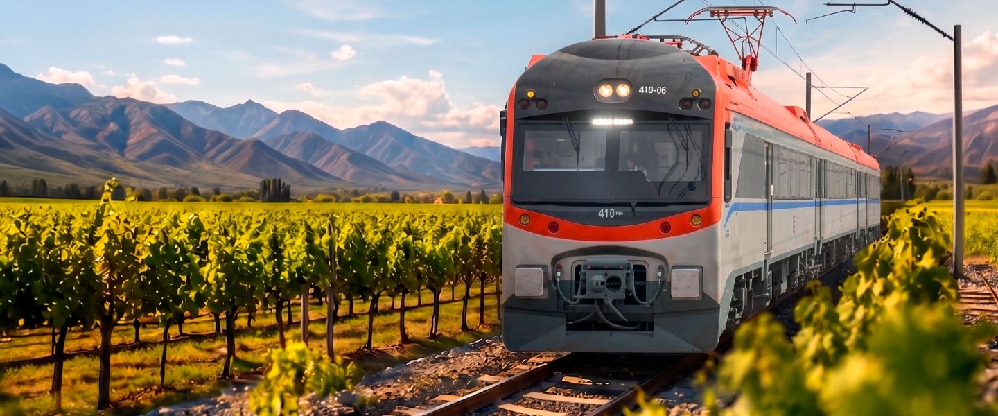 Tren turístico de EFE Trenes de Chile recorriendo una ruta entre viñedos durante el atardecer, con la cordillera de los Andes de fondo, destacando una experiencia de viaje escénica.