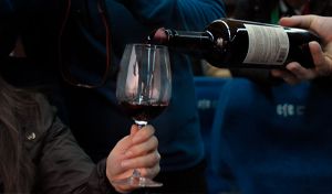 Fotografía en primer plano de una degustación de vinos a bordo. Se observa la mano de una persona sosteniendo una copa de cristal por el tallo, mientras otra mano sirve vino tinto desde una botella oscura. El fondo se encuentra desenfocado con una iluminación tenue, reflejando el ambiente al interior del tren turístico.
